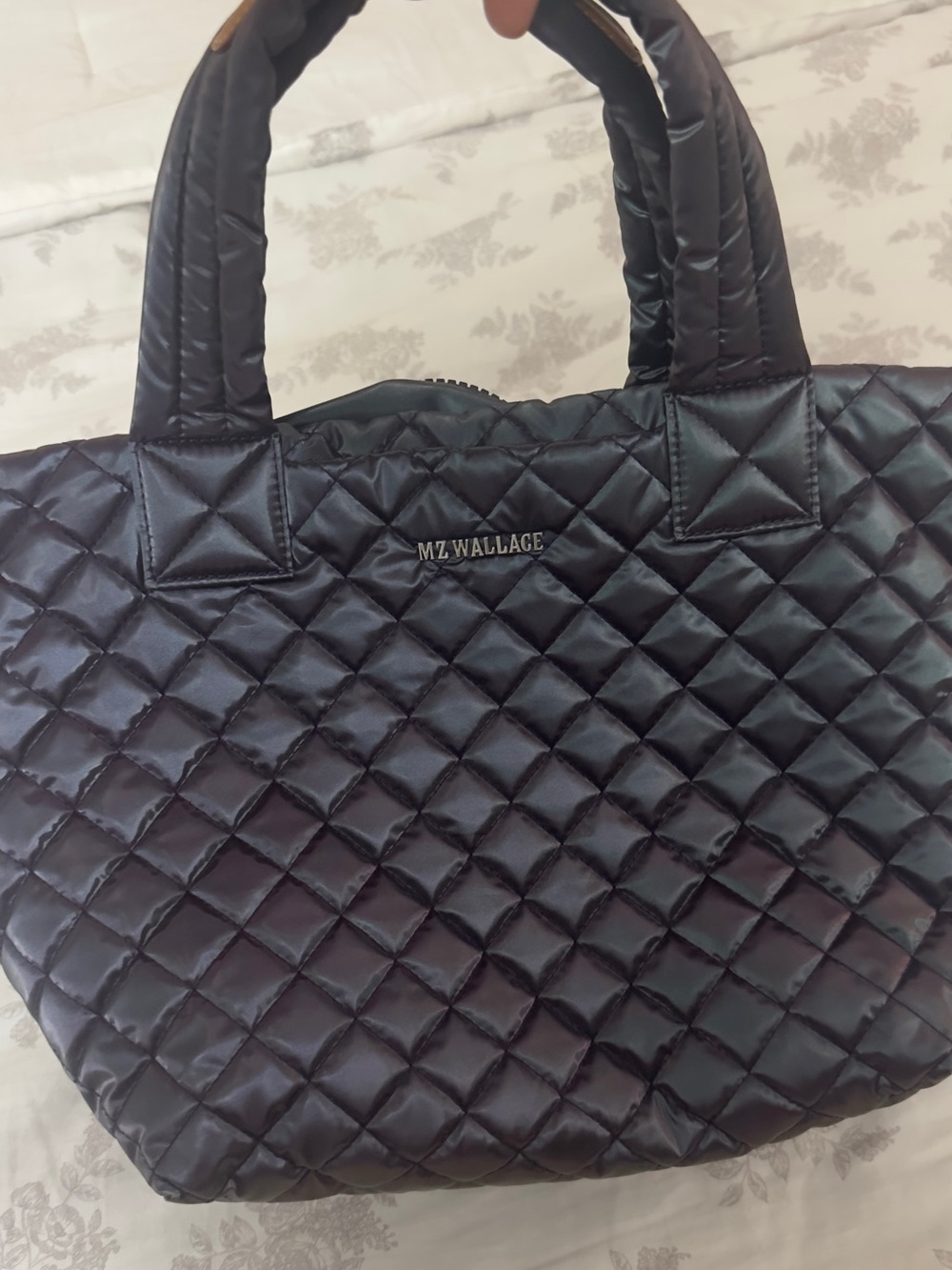 MZ Wallace Quilted Nylon Tote with Padded Handles- Dark Purple